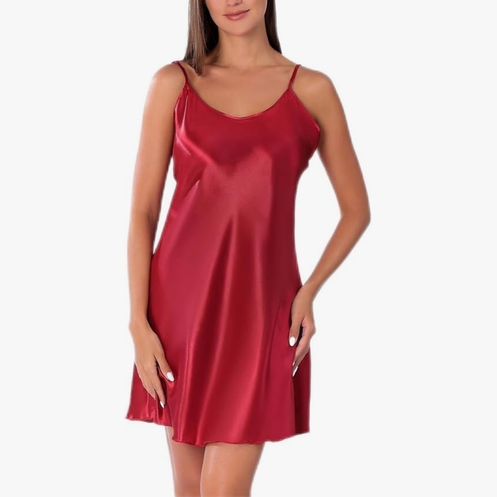 Beaufover Women's Satin Round Neck Spaghetti Strap Chemise Sleep Dress
